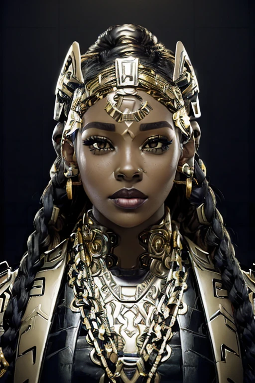 African Woman, Black Woman, In Her late twenties, black and gold mechaarmor, ssahc, Braided hair, lip ring piercing, gold necklace, Cyberpunk background, visible face, black and gold armor, nose ring piercing, face piercings, luxury tech armor, 