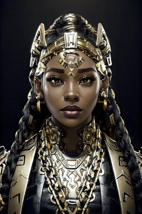 African Woman, Black Woman, In Her late twenties, black and gold mechaarmor, ssahc, Braided hair, lip ring piercing, gold neckla...