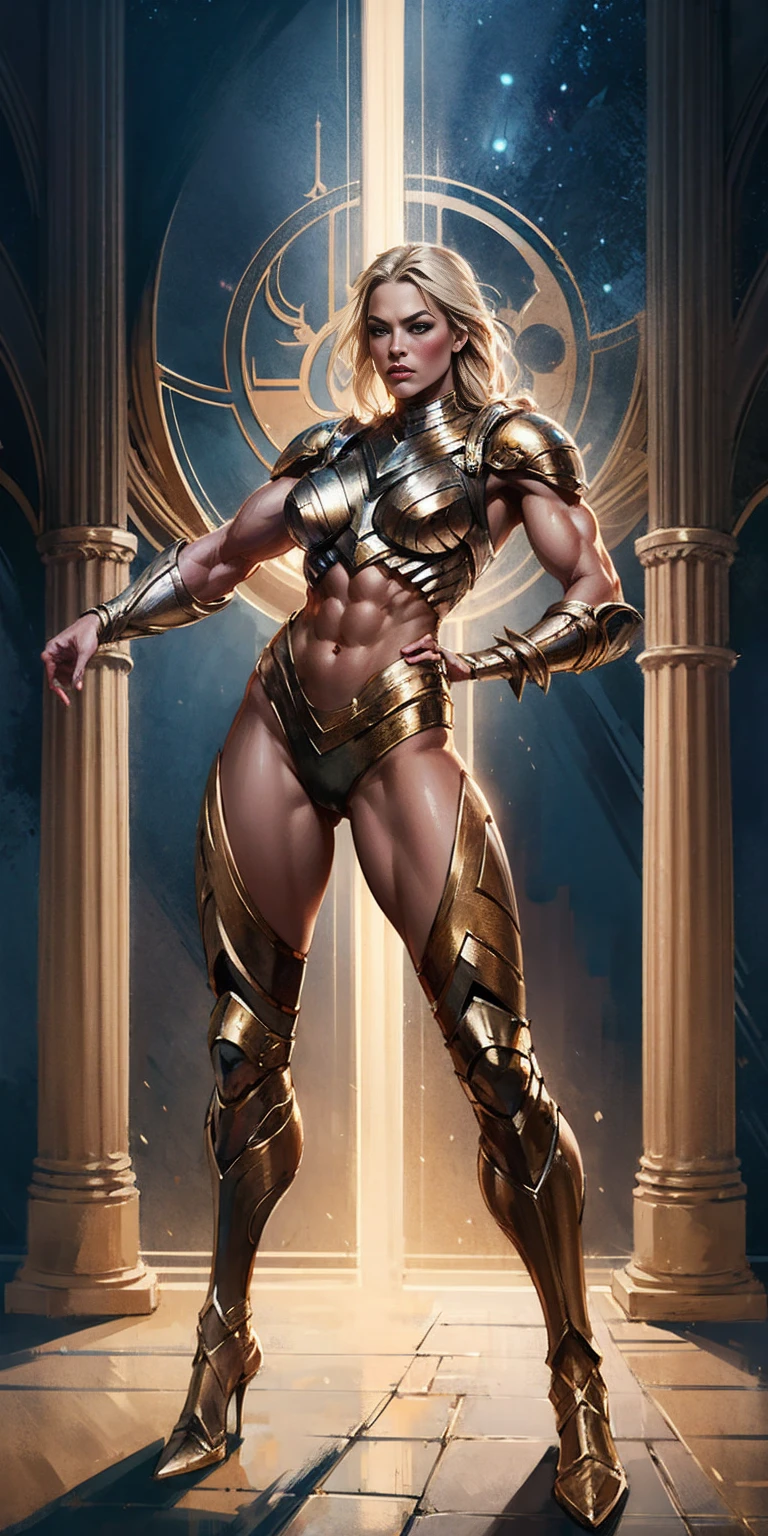 Subject: Valkyrie Lady Knight
Style: Hyper realistic, epic fantasy digital art
Detail: 8k high definition resolution, detailed drawing, superior quality
Anatomy: Correct anatomy, muscular body
Pose: Full body standing, symmetrical, muscular arms turned behind body
Origin: Asgard
Additional: 1 girl