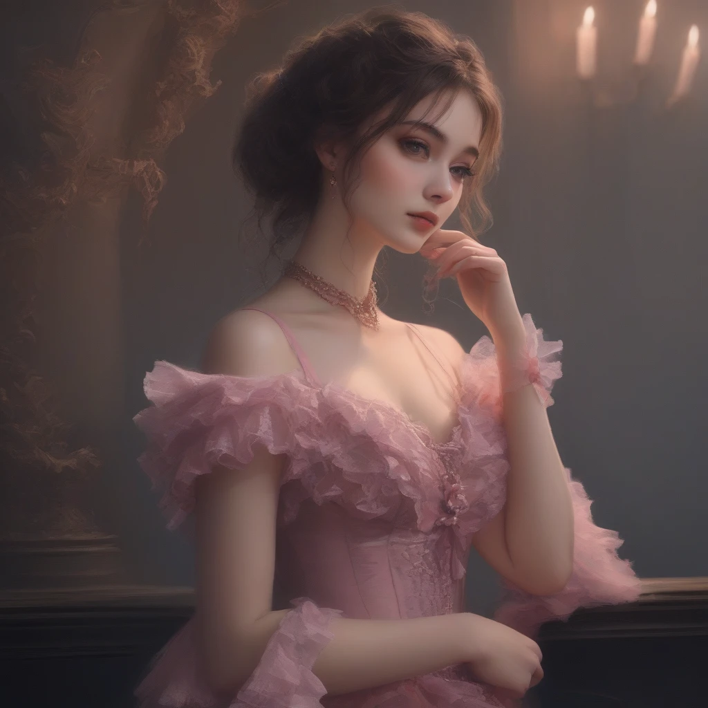 Highest quality, masterpiece, best definition, artwork, super detailed, many detailed, detailed, detailed, woman, 20 years, whole body, whole body, Night dress, super detailed dress, Long dress, dress with many Frills, dress with many ribbons, pink bows, Victorian dress, detailed Victorian dress, Victorian dress with bows, pink, Frills, Perfect Skin, whole body,