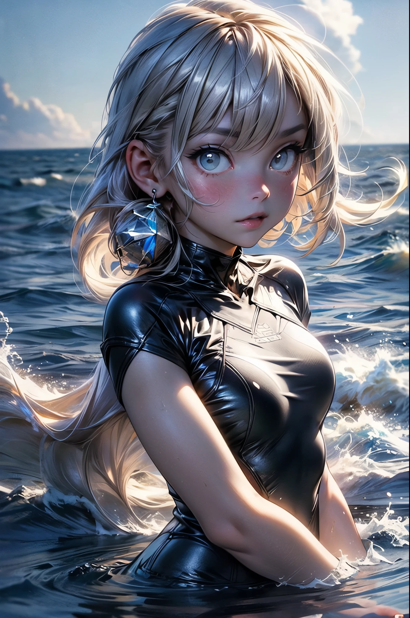 masterpiece, best quality, extremely detailed CG unity 8k wallpaper, Woman in swimsuit, Floating on your back in the ocean, Dazzling sunlight, Lens flare, Octane Rendering Style, Overall particle light, Crystal clear water, Realistic representation of water, 