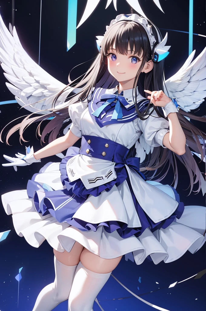 Mecha Wings、White and blue skirt、Accentuated thighs、White tights、chest、Beautiful black hair、1 girl、solo girl、Thick thighs、is、Frame Arms Girl、Alice Gere Aegis、White Armor、Blue and purple lines、income、headphone、hand on own chest、smile、idol costume、Uesaka Sumire、Sumire Uesaka