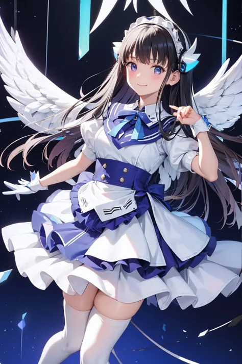 mecha wings、white and blue skirt、accentuated thighs、white tights、chest、beautiful black hair、1 girl、solo girl、thick thighs、is、fra...