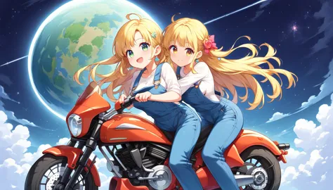 ((2girls:1.3)), ((overalls:1.3)), ((motorcycle:1.3)), ((outer space:1.3)), (((moe style:1.3)), ((perfect face)), ((extremely cut...