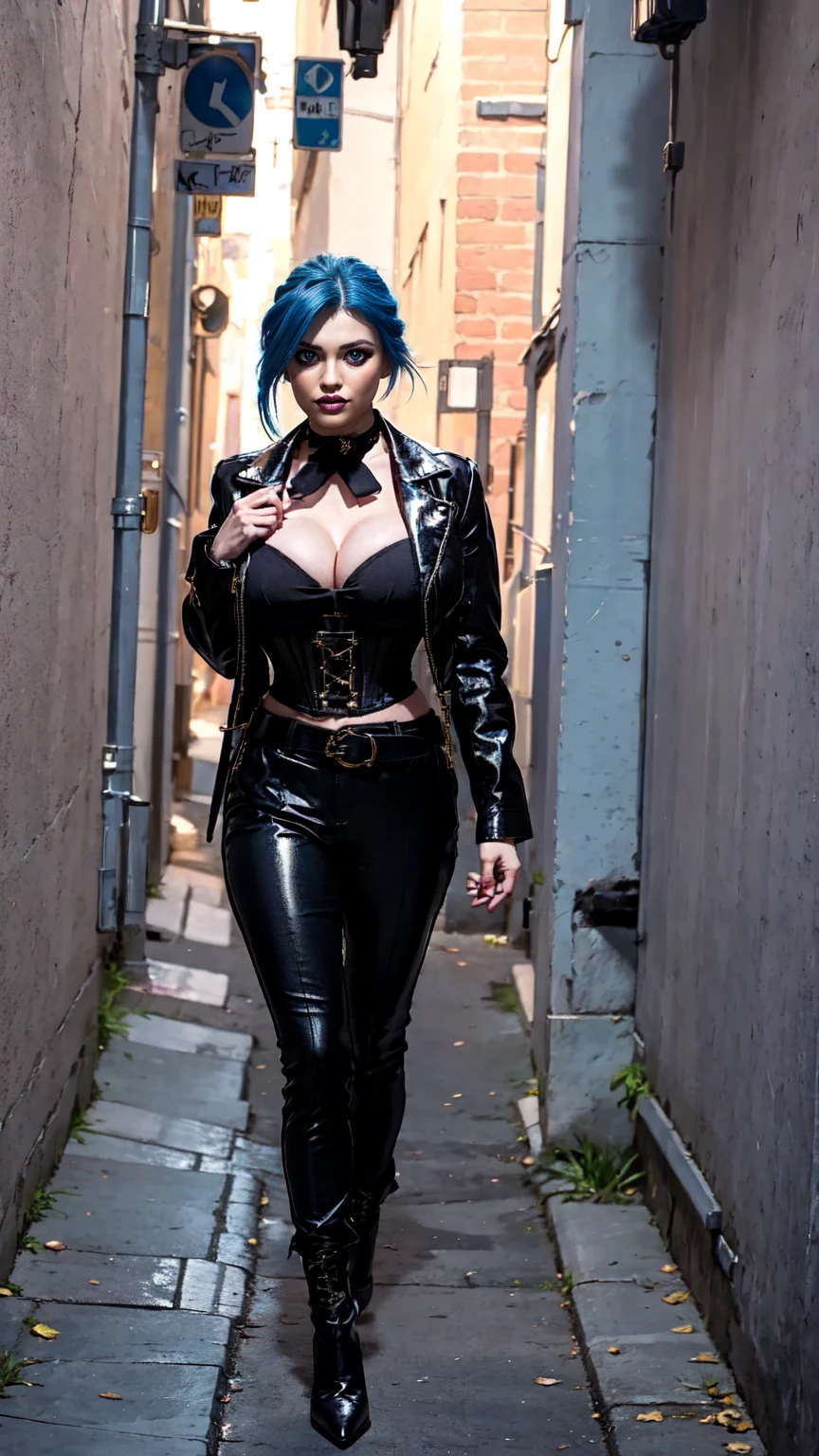 jinx, blue hair, blue leahter corset, black jacket, big breast, blakc tight leahter Trousers, purple belt, black long high heels boots,walking in a Street Alley