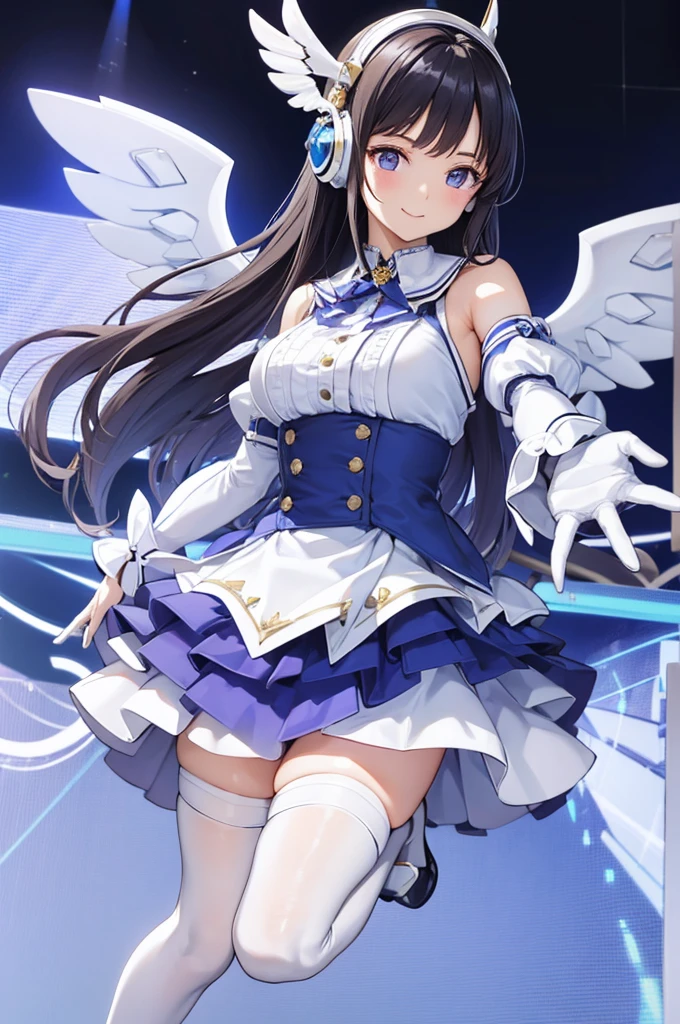 Mecha Wings、White and blue skirt、Accentuated thighs、White tights、chest、Beautiful black hair、1 girl、solo girl、Thick thighs、is、Frame Arms Girl、Alice Gere Aegis、White Armor、Blue and purple lines、income、headphone、hand on own chest、smile、idol costume、Sumire Uesaka、Uesaka Sumire