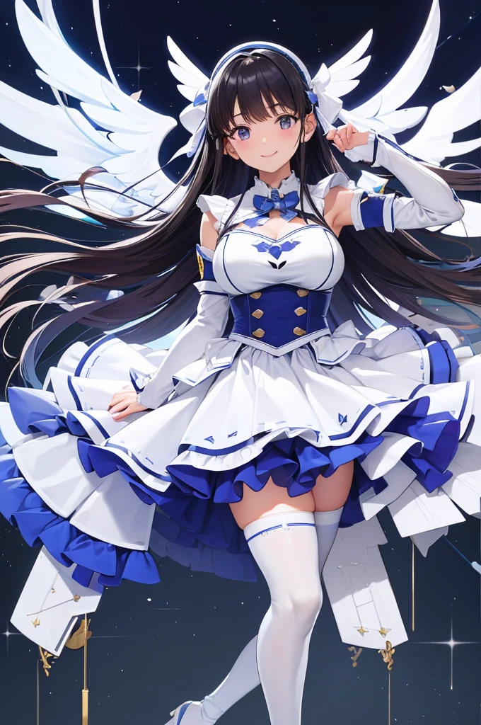 Mecha Wings、White and blue skirt、Accentuated thighs、White tights、chest、Beautiful black hair、1 girl、solo girl、Thick thighs、is、Frame Arms Girl、Alice Gere Aegis、White Armor、Blue and purple lines、income、headphone、hand on own chest、smile、idol costume、Sumire Uesaka、Uesaka Sumire