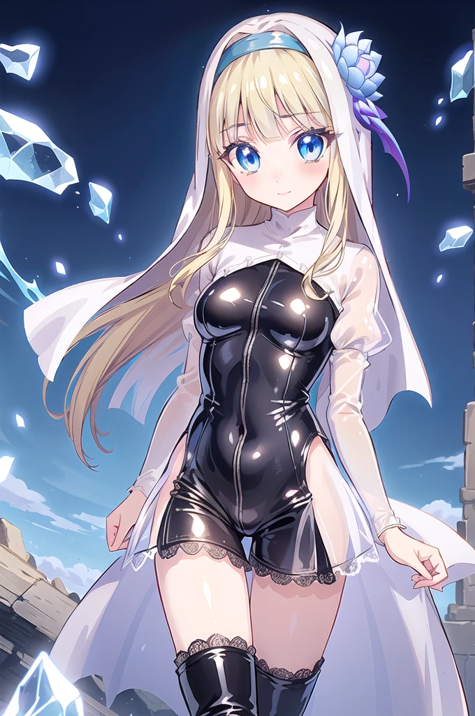 1girl,solo,cowboy shot,standing,(blonde hair:1.4),(long hair), straight hair,bangs,ice flower ornament,(blue eyes:1.2), (beautiful fingers:1.4),(perfect anatomy:1.4),(arms_behind_back:1.6),(cold_shoulder:1.2),(nun clothes:1.6),(leather lace glossy silk lamé:1.4),(latex luster shiny glossy:1.6),(shiny_clothes:1.6),medium breasts,beautiful breasts,masterpiece,best quality,(Ultra high definition eyes:1.2),8k,(Beautiful detailed eyes:1.2),(Fine and beautiful eyes:1.2),(pretty eyes:1.2),finely detail,extremely CG, absurdres,high resolution,illustration,Detailed and beautiful outlines,finely detail,high resolution,(colorful refraction:1.4,Increase saturation:1.2),beautiful lighting,dynamic lighting,closed room,black background,simple background, smile,looking at viewer,mabel rayveil, hair ornament, flower, hair flower, blunt bangs,long sleeves,dress, (jacket), shorts, puffy sleeves, short shorts, black shorts,BREAK,(white thigh boots:1.4),(white Clear PVC sheets sleeves:1.4),(sheer sleeves:1.4),(see-through sleeves:1.4),(wide sleeves:1.2)