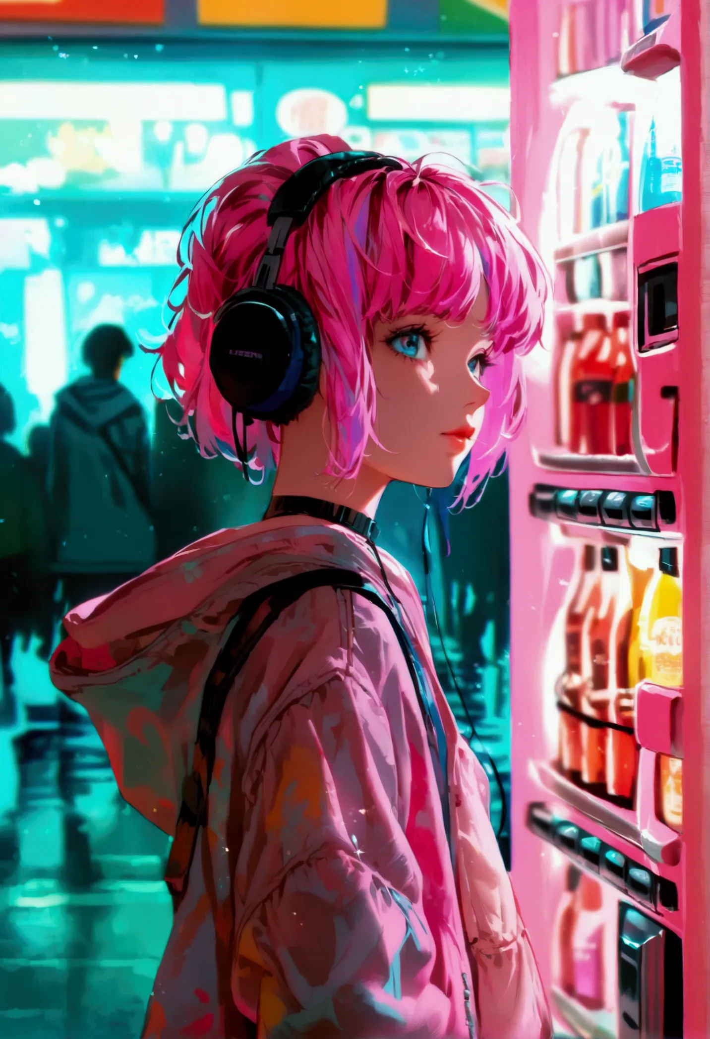 Pink and blue hair girl, soda, Inspired by 90s anime, Cyberpunk City, praise, colorful, listen to music, Pink Hair, Blue Hair、St...