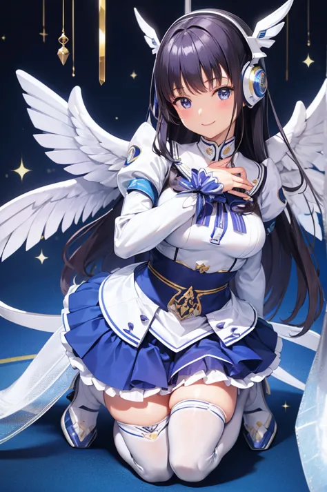 mecha wings、white and blue skirt、accentuated thighs、white tights、chest、beautiful black hair、1 girl、solo girl、thick thighs、is、fra...