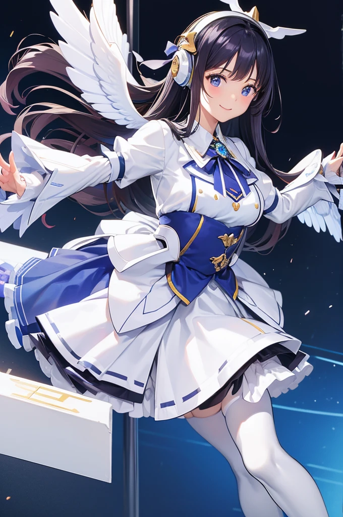 Mecha Wings、White and blue skirt、Accentuated thighs、White tights、chest、Beautiful black hair、1 girl、solo girl、Thick thighs、is、Frame Arms Girl、Alice Gere Aegis、White Armor、Blue and purple lines、income、headphone、hand on own chest、smile、idol costume、Sumire Uesaka、Uesaka Sumire
