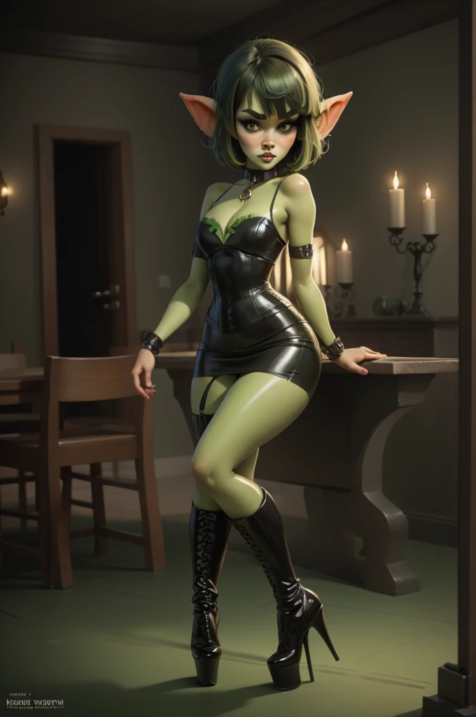 Goblin girl. green skin. very short hairstyle. choker. black pouty lips. big , hourglass figure, goth, eyeshadow, eyeliner, thigh high boots, high heels, magical girl outfit