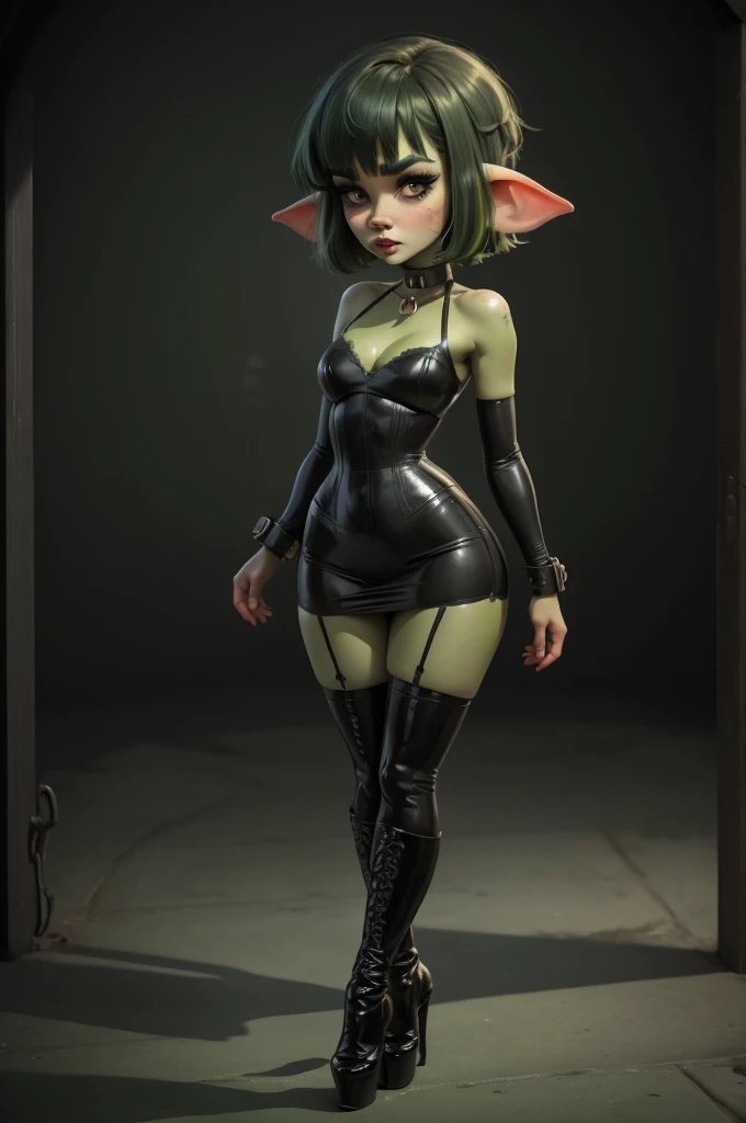 Goblin girl. green skin. very short hairstyle. choker. black pouty lips. big , hourglass figure, goth, eyeshadow, eyeliner, thigh high boots, high heels, magical girl outfit