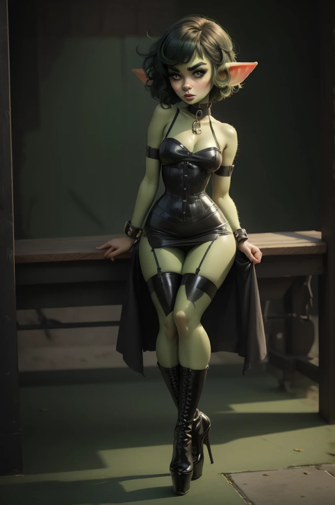 Goblin girl. green skin. very short hairstyle. choker. black pouty lips. big , hourglass figure, goth, eyeshadow, eyeliner, thigh high boots, high heels, magical girl outfit