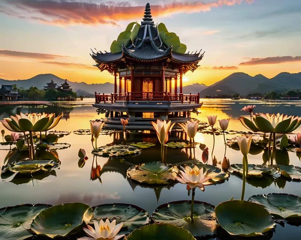 mountain, landscape, tree, flower, sky, outdoor, no humans, architecture, cloud, east asian architecture, water, pagoda, lily pa...