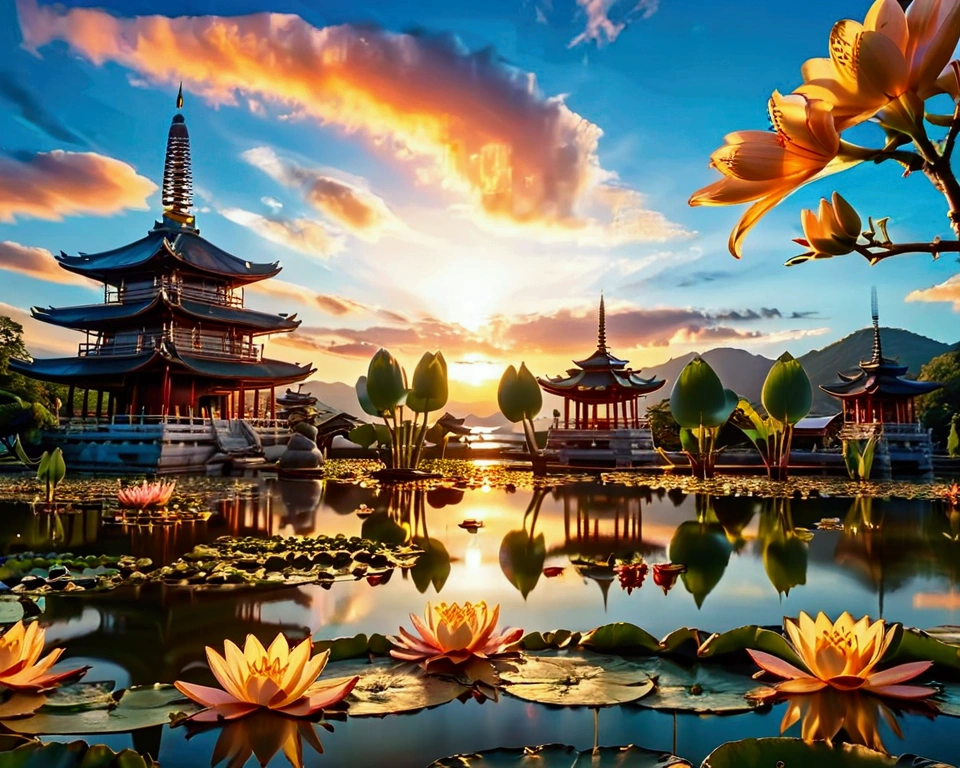  Mountain, landscape, Tree, flower, Sky, outdoor, No humans, architecture, cloud, east asian architecture, water, pagoda, lily pad, Sunset