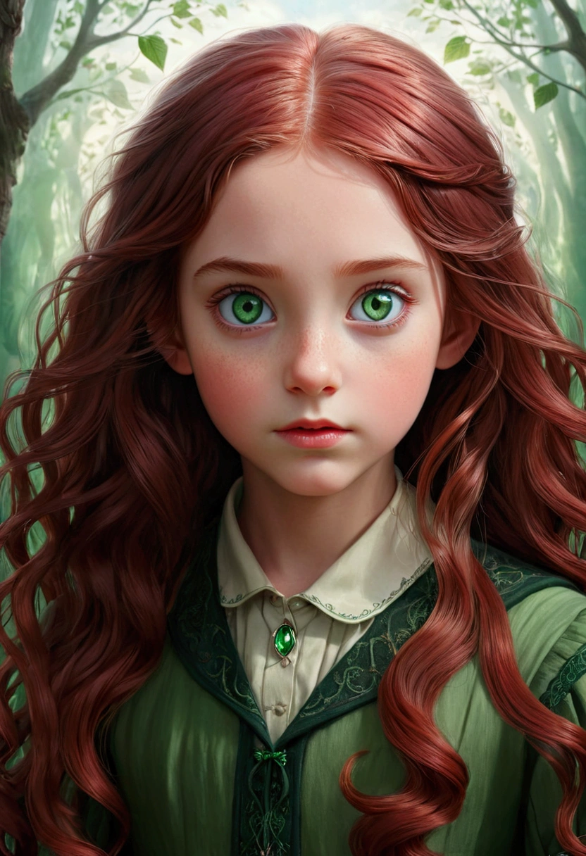 Photography image of a cute daughter of severus snape girl, long wavy red dark hair, fantasy, photorealistic, symmetrical face, symmetrical green eyes, soft pastel colours, intricate, path tracing, illustration, insanely detailed, direct sunlight on face, path traced hair
