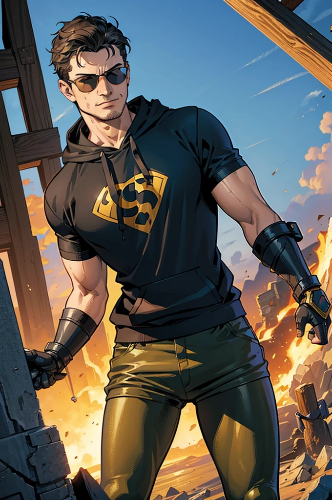 ((illustration)), (best quality)), ((masterpiece)), (detailed), ((epic)), teenage, boy, dark hair, brown eyes, muscular, shirt, black hoodie, sunglass, smirking, solo, gauntlet, day, stylish, slick hair, modern, superhero landing, image cover