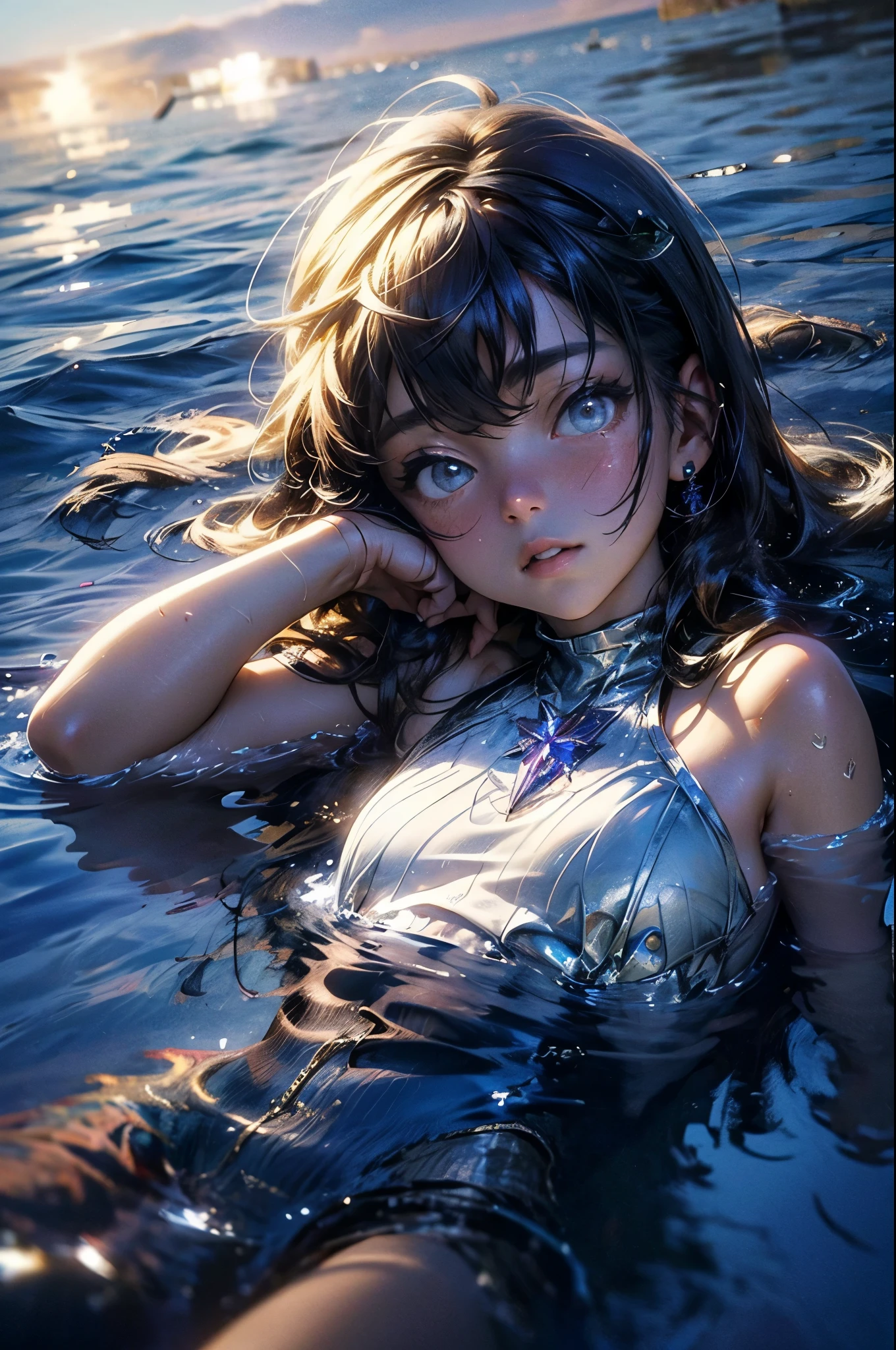 masterpiece, best quality, extremely detailed CG unity 8k wallpaper, Woman in swimsuit, 18-year-old, Calm sea, Beach, ((Lying on his back on the water surface, he looks up at the sky with a comfortable expression)), Dazzling sunlight, Lens flare, Octane Rendering Style, Overall particle light, Crystal clear seawater, Realistic representation of water, Bokeh, Daytime