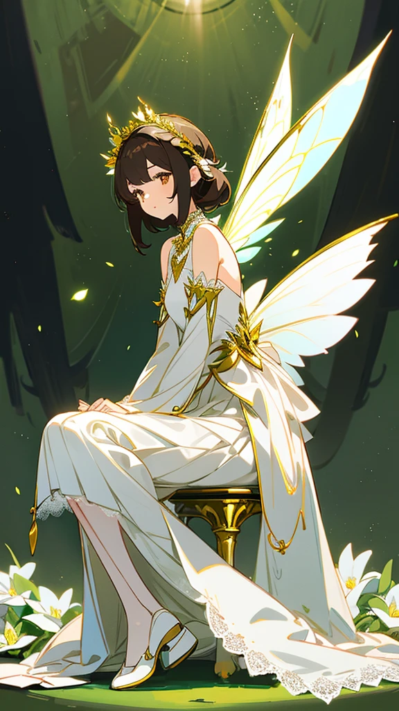 1 girl, dark brown hair, gold eyes, White skin, dressed in a white dress with lace and pleats, fairy wings, shy posture, whole body, sitting on a tree throne, green lights, Moonlight, flower crown on her head, soft smile, gentle.