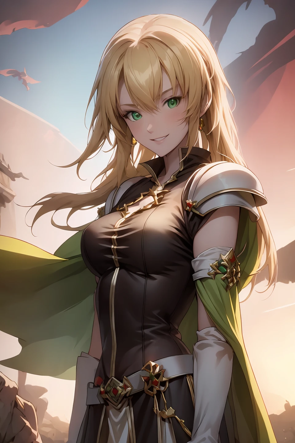 masterpiece, best quality, feSelena, brown tunic, green cape, white elbow gloves, shoulder armor, belt, upper body, looking at viewer, serene smile, forest, bog, sunset, highly detailed eyes