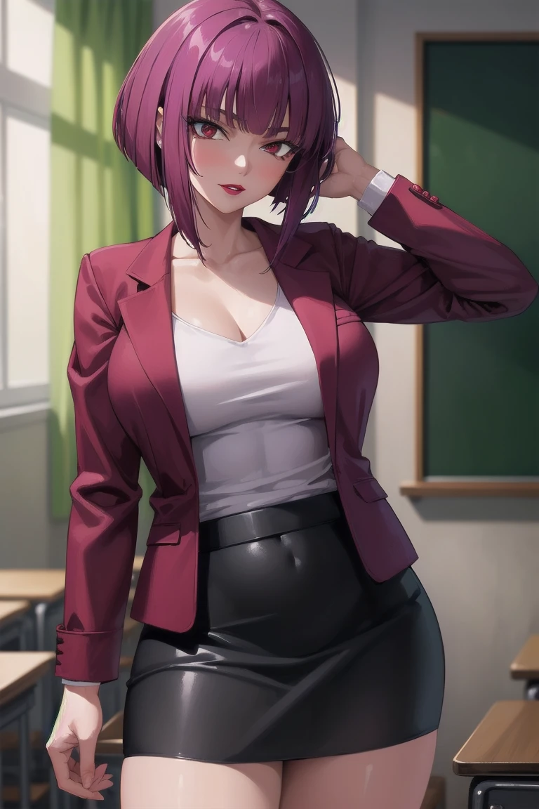 ((Highest quality)), ((masterpiece)), (Familiar), Hazy, One Woman, Mature Woman,Purple Hair, short hair, bangs, eye shadow, Low Ponytail, lipstick, compensate, Detailed face, Red eyes,Large Breasts, Black jacket, White shirt, teacher,Suit skirt, Cowboy Shot