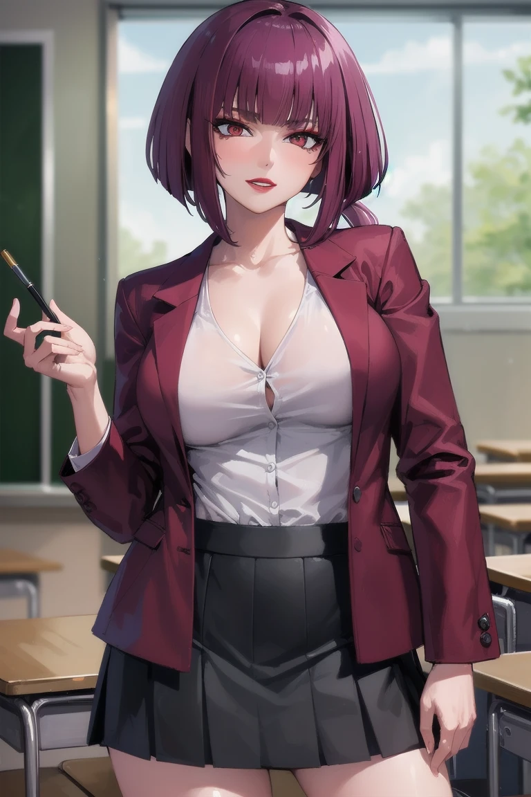 ((Highest quality)), ((masterpiece)), (Familiar), Hazy, One Woman, Mature Woman,Purple Hair, short hair, bangs, eye shadow, Low Ponytail, lipstick, compensate, Detailed face, Red eyes,Large Breasts, Black jacket, White shirt, teacher,Suit skirt, Cowboy Shot