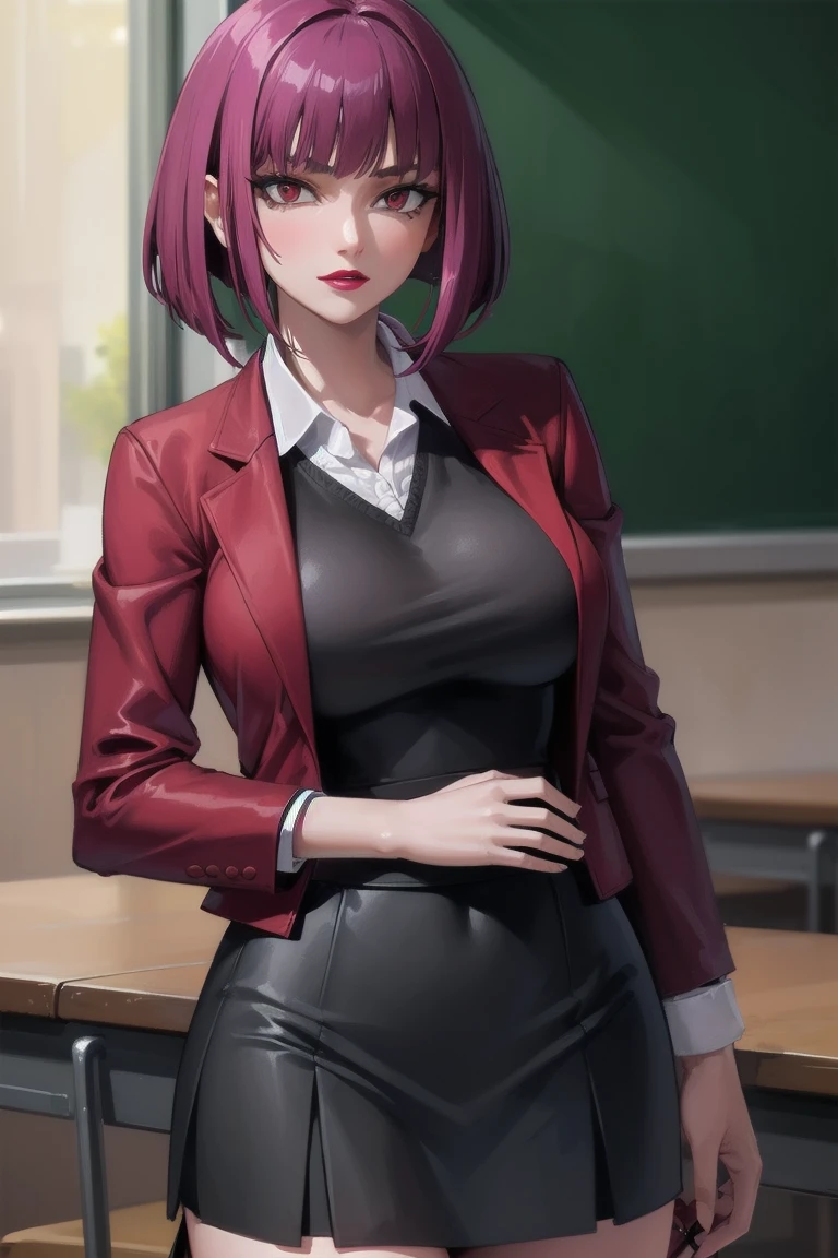 ((Highest quality)), ((masterpiece)), (Familiar), Hazy, One Woman, Mature Woman,Purple Hair, short hair, bangs, eye shadow, Low Ponytail, lipstick, compensate, Detailed face, Red eyes,Large Breasts, Black jacket, White shirt, teacher,Suit skirt, Cowboy Shot