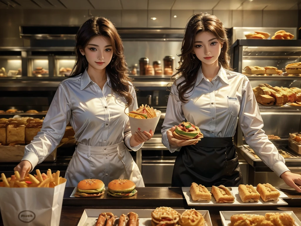 Masterpiece, Best quality, Photorealistic, Ultra-detailed, fine detail, high resolution, 8K wallpaper, imagine a fast food restaurant with two beautiful girls, they have medium size breasts, slender waist and small but curvy hips, they are fast food workers and are behind the counter serving customers in fast food restaurant, fast food uniform