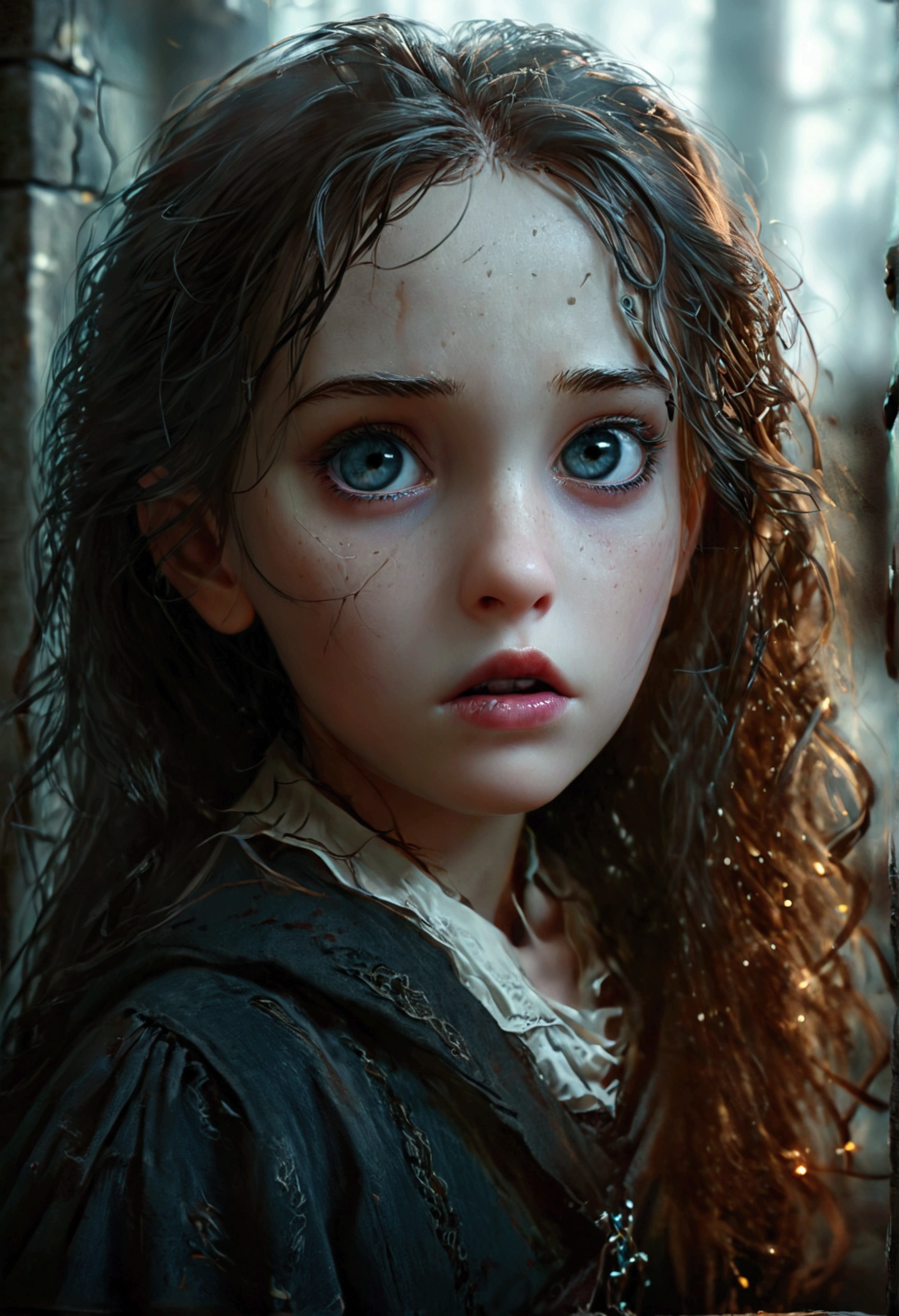 a 9 year old girl, severus snape's daughter, gravely injured fighting against voldemort to save harry,beautiful detailed eyes,beautiful detailed lips,extremely detailed eyes and face,longeyelashes,portrait,dramatic lighting,cinematic,chiaroscuro,moody atmosphere,dark magic,gritty,realistic,photorealistic,photo-realistic:1.37,(best quality,4k,8k,highres,masterpiece:1.2),ultra-detailed,(realistic,photorealistic,photo-realistic:1.37)