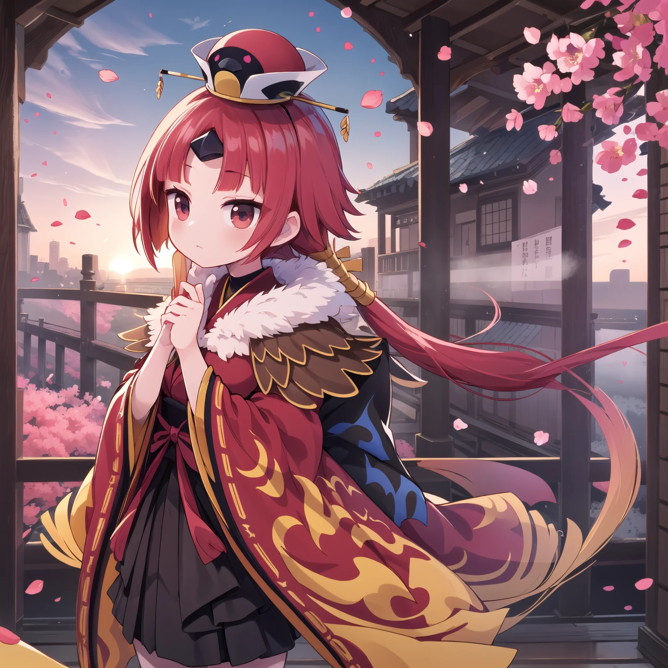 wallpaper,(hand in own hair:1.2)Ryokan in the background,Faraway Inn 1.2,(overlooking:1.3)Beautiful sky,cloud,Fluttering Hair,There is a red bridge,(petals:1.3),red kimono,masterpiece,best quality, (masterpiece:1.2, best quality:1.2),(cinematic lighting),hat,Detailed kimono