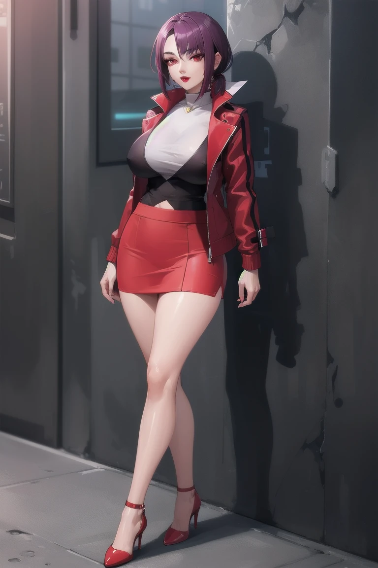 ((Highest quality)), ((masterpiece)), (Familiar), Hazy, One Woman, Mature Woman,Purple Hair, short hair, eye shadow, Low Ponytail, lipstick, Detailed face, Red eyes,Large Breasts, Red and black jacket, White tight skirt,Red High Heels