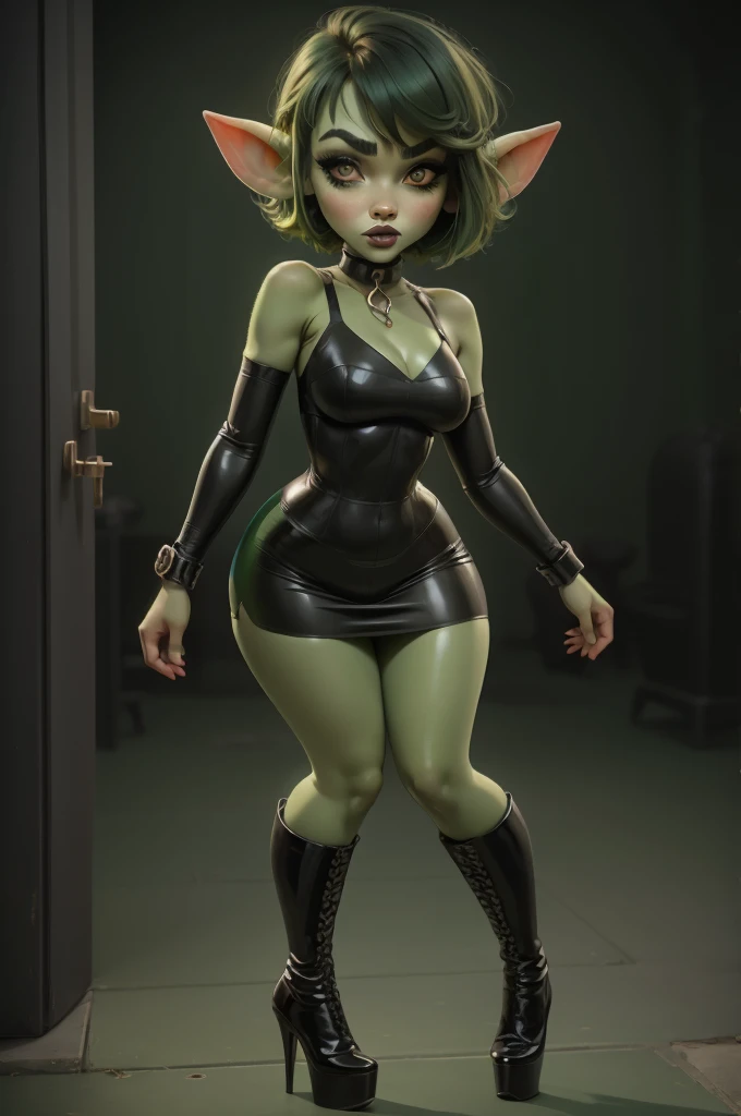 Goblin girl. green skin. very short hairstyle. choker. black pouty lips. big , hourglass figure, goth, eyeshadow, eyeliner, thigh high boots, high heels, ruding crop