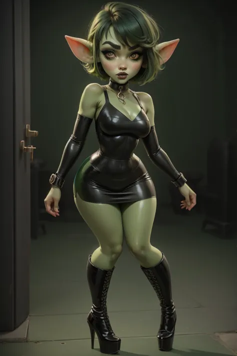 goblin girl. green skin. very short hairstyle. choker. black pouty lips. big , hourglass figure, goth, eyeshadow, eyeliner, thig...