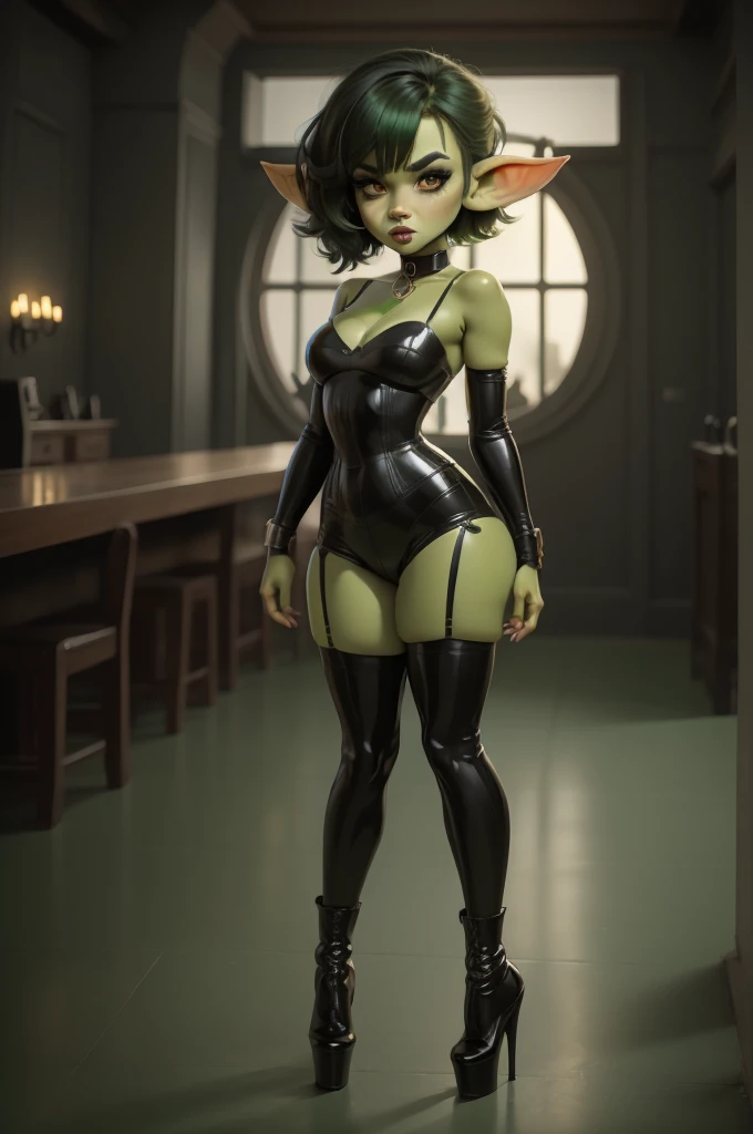 Goblin girl. green skin. very short hairstyle. choker. black pouty lips. big , hourglass figure, goth, eyeshadow, eyeliner, thigh high boots, high heels, ruding crop