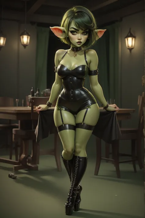 goblin girl. green skin. very short hairstyle. choker. black pouty lips. big , hourglass figure, goth, eyeshadow, eyeliner, thig...