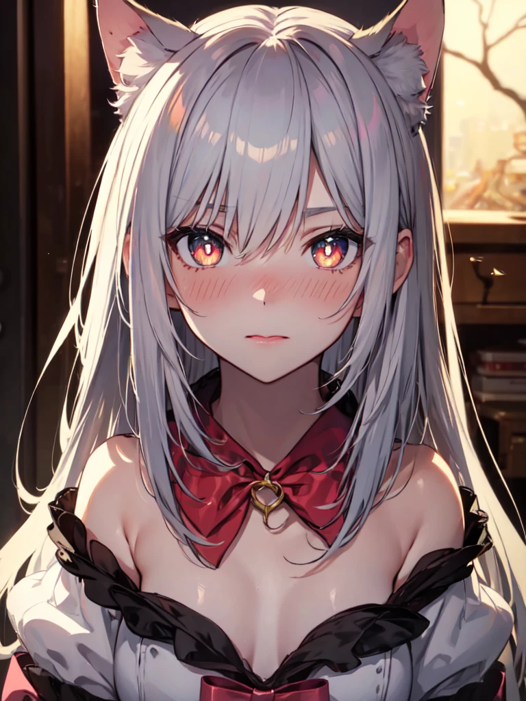 shy, embarrassed, blush, closed mouth, bright pupils, glint, red lips, nose blush, cat ears, longeyelashes, slit pupils, wide eyes, amber eyes, shiny hair, long hair, silver hair, high detail, anime, anime style, depth of field, cinematic lighting, ray tracing, masterpiece, accurate, anatomically correct, super detail, high details, high quality, best quality, highres, 4K