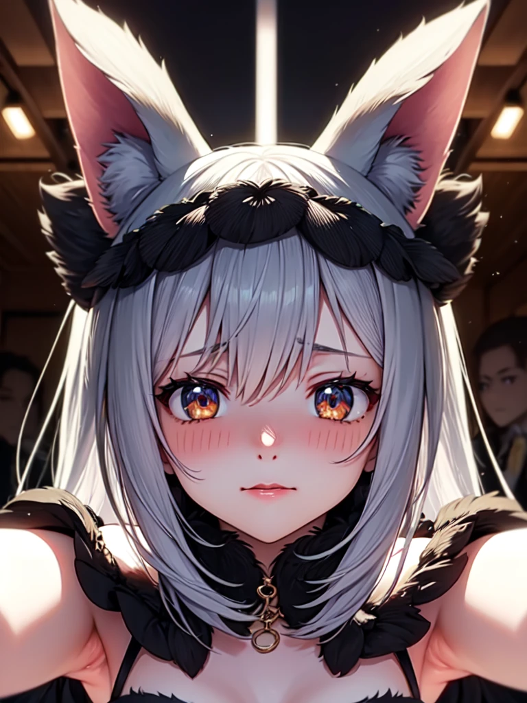 shy, embarrassed, blush, closed mouth, bright pupils, glint, red lips, nose blush, cat ears, longeyelashes, slit pupils, wide eyes, amber eyes, shiny hair, long hair, silver hair, high detail, anime, anime style, depth of field, cinematic lighting, ray tracing, masterpiece, accurate, anatomically correct, super detail, high details, high quality, best quality, highres, 4K