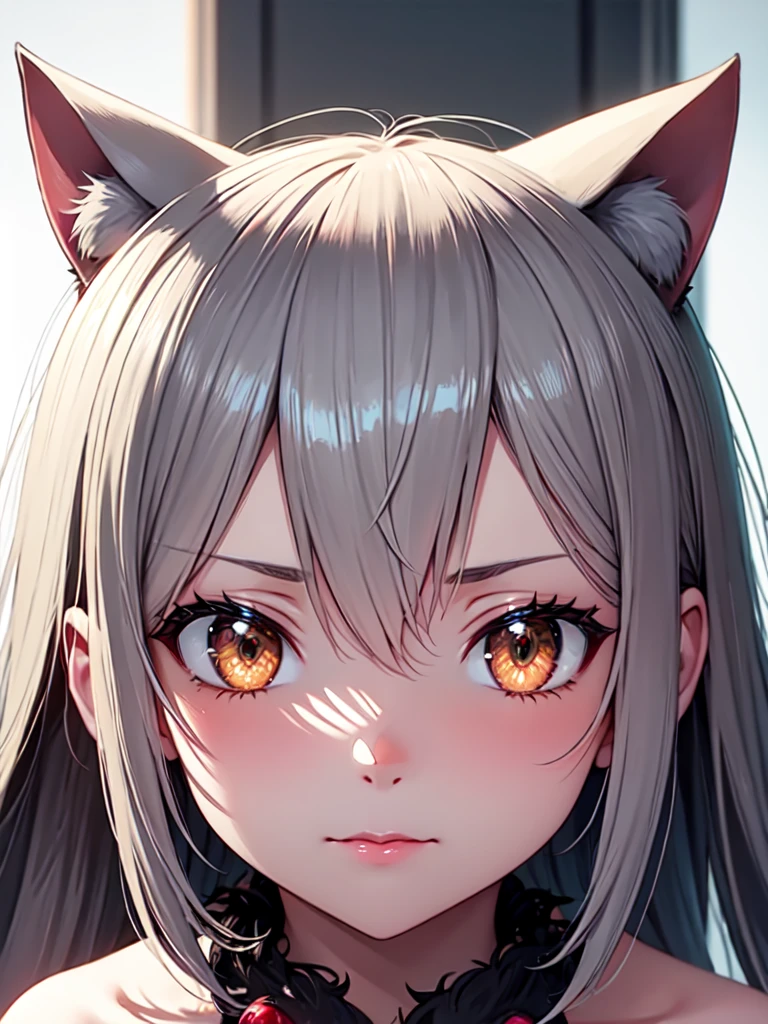 shy, embarrassed, blush, closed mouth, bright pupils, glint, red lips, nose blush, cat ears, longeyelashes, slit pupils, wide eyes, amber eyes, shiny hair, long hair, silver hair, high detail, anime, anime style, depth of field, cinematic lighting, ray tracing, masterpiece, accurate, anatomically correct, super detail, high details, high quality, best quality, highres, 4K