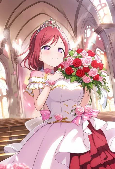 maki nishikino　red hair　purple eyes　medium long bob　tiara　red wedding dress　pink flower decoration dress　church　smile　huge breas...