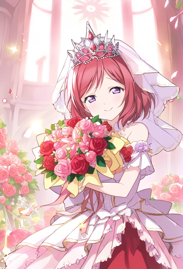 Maki Nishikino　Red hair　Purple eyes　Medium Long Bob　tiara　Red Wedding Dress　Pink flower decoration dress　church　smile　Huge breasts　Shining　Tears of joy　Bouquet of red roses