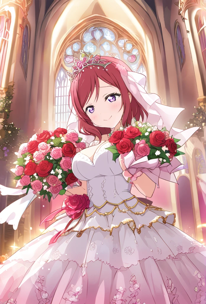 Maki Nishikino　Red hair　Purple eyes　Medium Long Bob　tiara　Red Wedding Dress　Pink flower decoration dress　church　smile　Huge breasts　Shining　Tears of joy　Bouquet of red roses