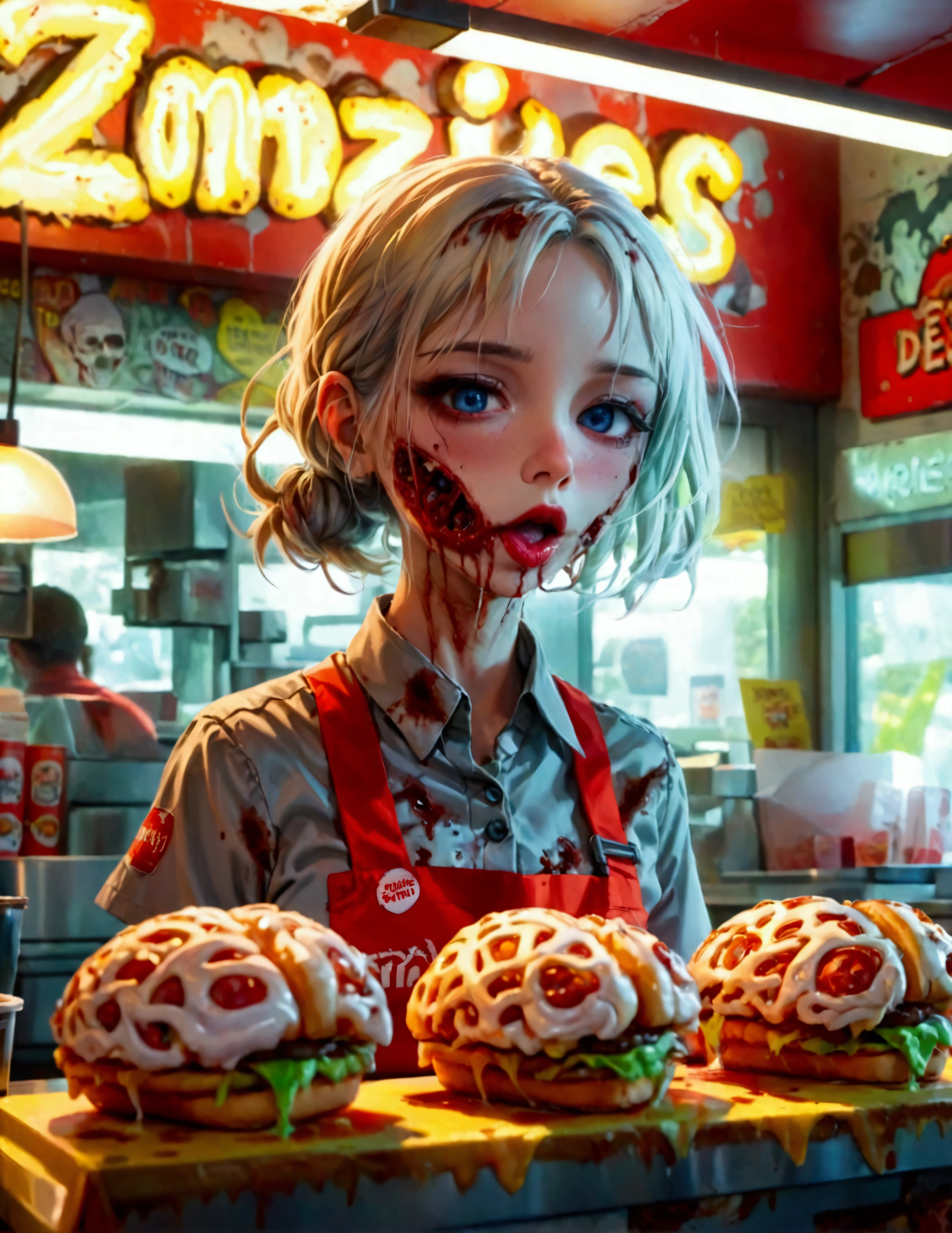 Un sympathique travailleur de la restauration rapide zombie (jolie femme, bouche cousue, fermée, une certaine pourriture, pâleur mortelle, Uniforme de travail) travailler derrière un comptoir servant des articles sur le thème du cerveau des zombies aux clients, nom du restaurant « Cerveaux »
