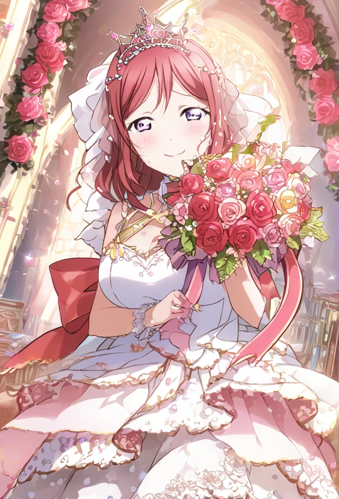 Maki Nishikino　Red hair　Purple eyes　Medium Long Bob　tiara　Red Wedding Dress　Pink flower decoration dress　church　smile　Huge breasts　Shining　Tears of joy　Bouquet of red roses