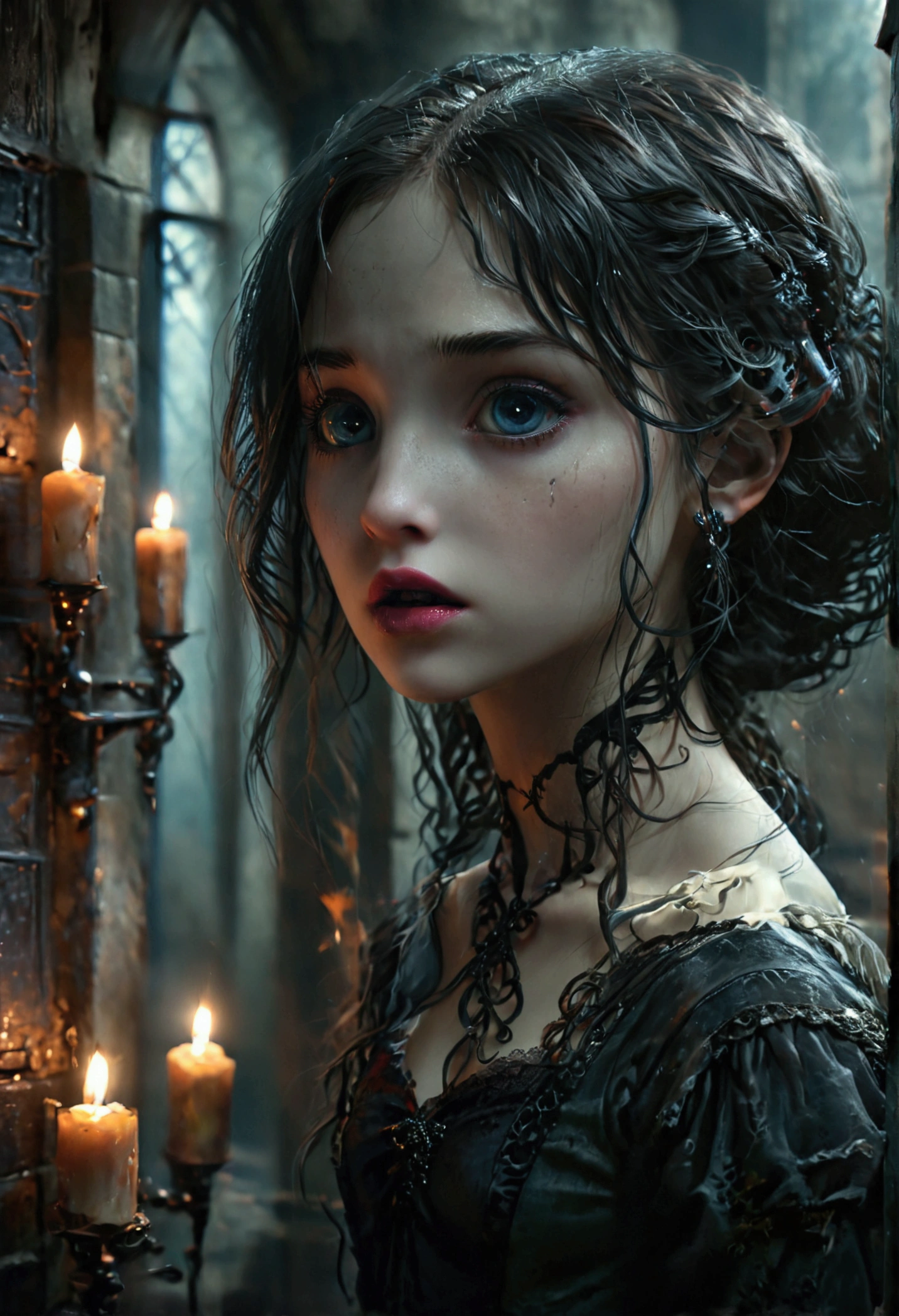 a young girl, severus snape's daughter, entering a secret room, atmospheric lighting, dark fantasy, intricate details, cinematic composition, dramatic shadows, muted color palette, gothic architecture, candles, mystical atmosphere, ominous presence, beautiful detailed eyes, beautiful detailed lips, extremely detailed face, long eyelashes, dark mysterious expression, elegant gothic dress, detailed fabric textures, best quality, 8k, highres, masterpiece, ultra-detailed, photorealistic, dramatic lighting, moody colors, cinematic composition


