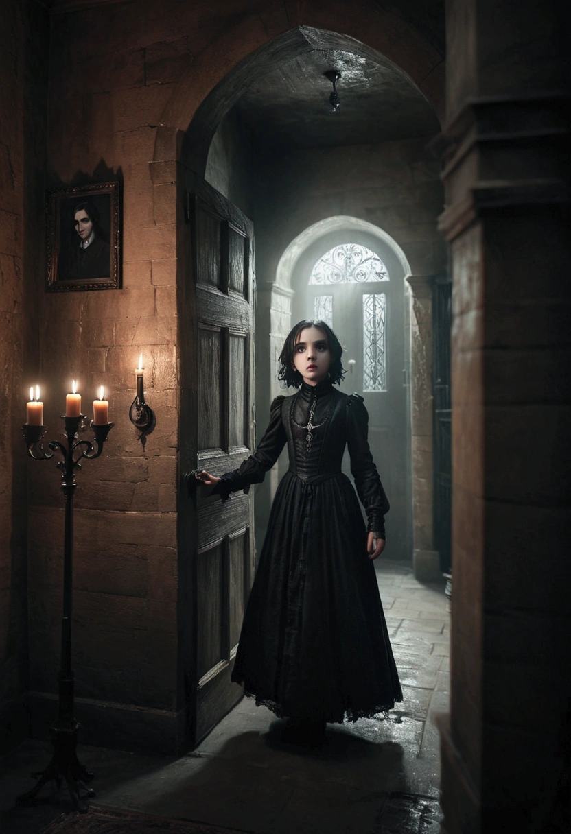 a young girl, severus snape's daughter, entering a secret room, atmospheric lighting, dark fantasy, intricate details, cinematic composition, dramatic shadows, muted color palette, gothic architecture, candles, mystical atmosphere, ominous presence, beautiful detailed eyes, beautiful detailed lips, extremely detailed face, long eyelashes, dark mysterious expression, elegant gothic dress, detailed fabric textures, best quality, 8k, highres, masterpiece, ultra-detailed, photorealistic, dramatic lighting, moody colors, cinematic composition


