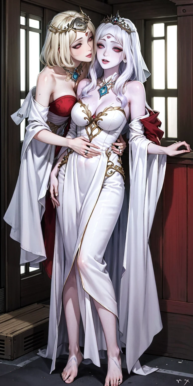 Body position: Standing, straight, symmetrical, barefoot, Lustful smile on face with red blush, 2 girls like Cassia Orsellio white pale skin with red eyes who gets married and stands in front of many people, nsfw, kissing