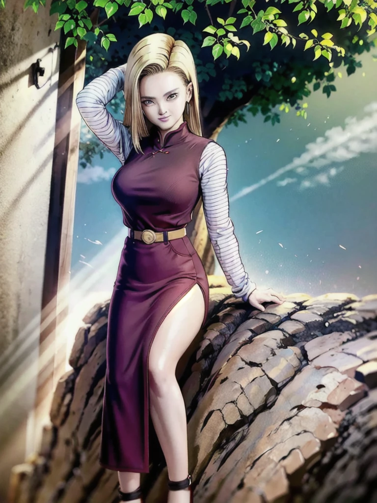 android 18,blonde hair,(((long hair))),blue eyes,(long slit red sexy cheongsam), (Red),looking at the audience,face smile,close-up,river,rock,tree,blue sky,high quality,masterpiece,sexy body, sexy Red Dress, red,perfect big breasts, Hyperrealistic intricate detail, Cinematic, 8K resolution, 70mm, Accent Lighting, Global Illumination, Full body portrait, clean detailed faces,