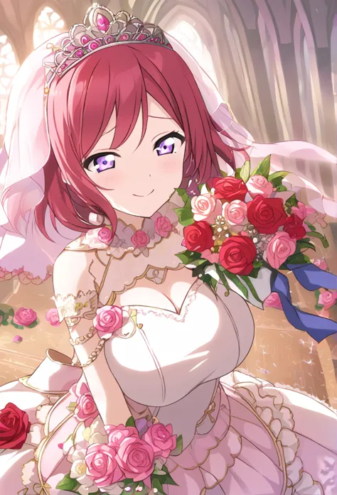 maki nishikino　red hair　purple eyes　medium long bob　tiara　red wedding dress　pink flower decoration dress　church　smile　huge breas...