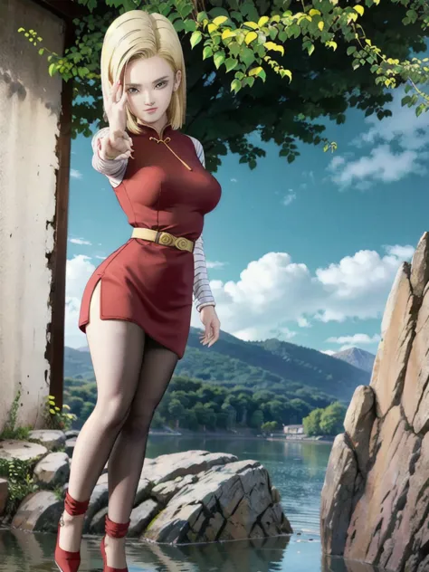 android 18,blonde hair,(((long hair))),blue eyes,(long slit red sexy cheongsam), (red),looking at the audience,face smile,close-...